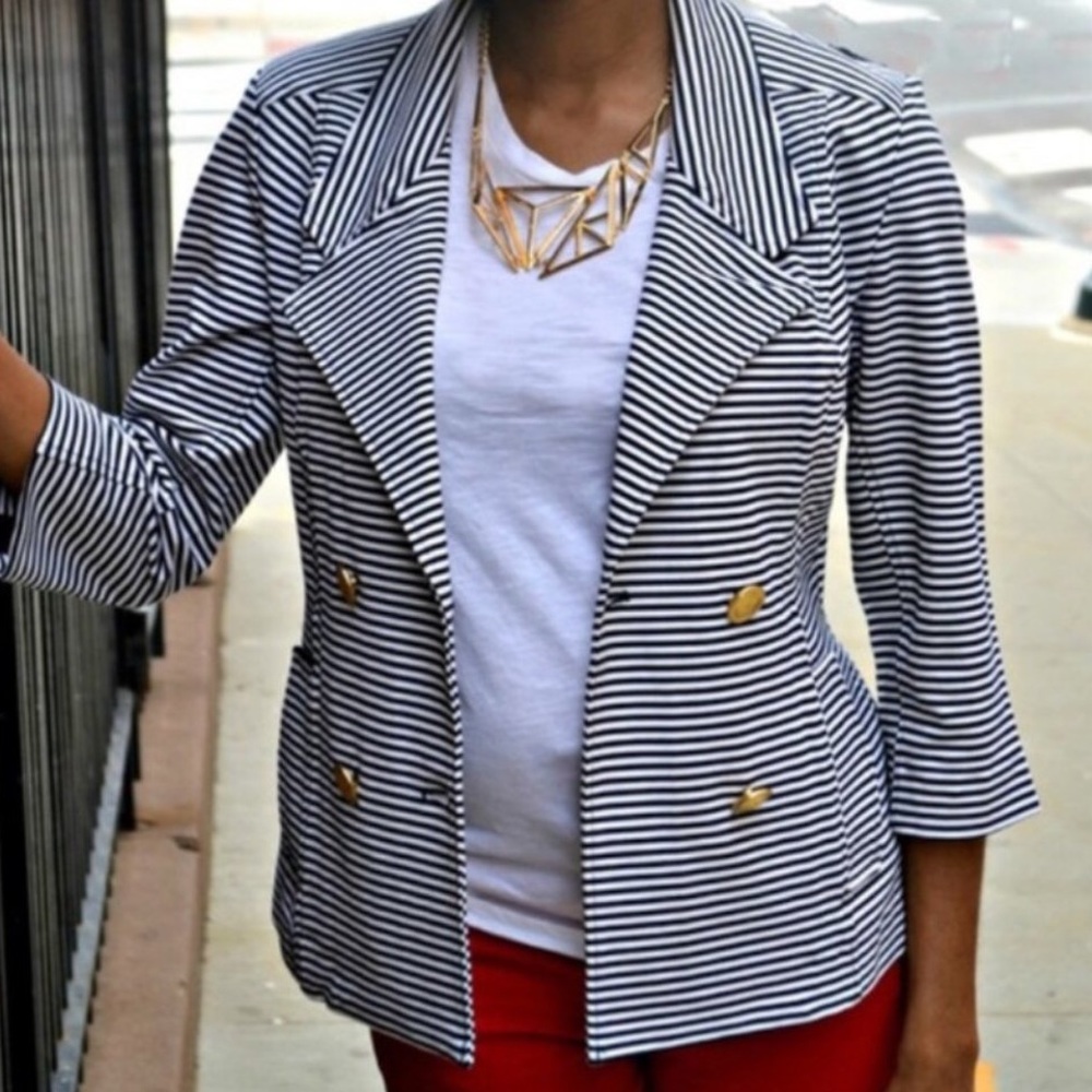 CAbi Nautical Striped Navy Blazer Size Medium